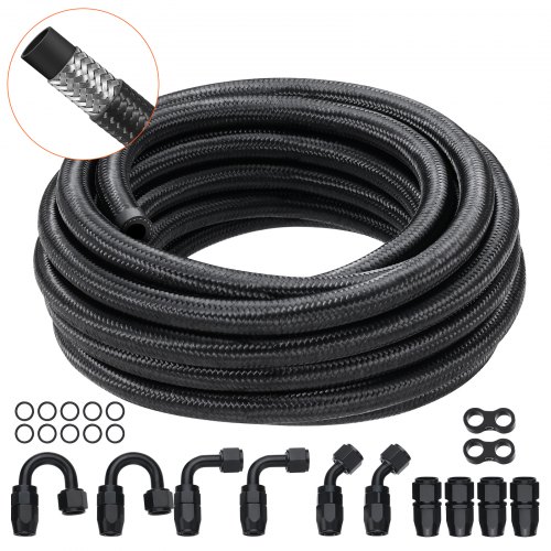 

VEVOR 6-AN-Kraftstoffleitungssatz, 609,6 cm Kraftstoffschlauchsatz, 0,34"-Nylon-Edelstahl-Geflecht-Kraftstoffleitungs-Öl-/Gas-/Diesel-Schlauchendstück-Anschlusssatz 12-teiliger Drehgelenk-Adaptersatz