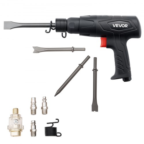 VEVOR Druckluft Meißelhammer, 2500–2700 BPM, pneumatischer Hammer mit 70 mm Hub & 4 Stk. 170 mm lange Meißel, kompakter Druckluftmeißel mit Pistolengriff, zum Schneiden, Schaben & Abreißen