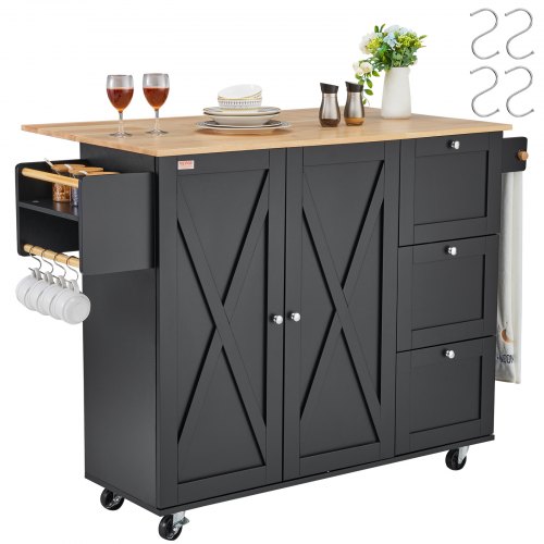 

VEVOR Kücheninselwagen, 143 cm mobiler Wagen mit Holzplatte und Lagerschrank, Rolltisch mit Klappplatte, Gewürzregal, Handtuchhalter, verstellbarem Regal, Schublade und Haken, tragbare Inseln