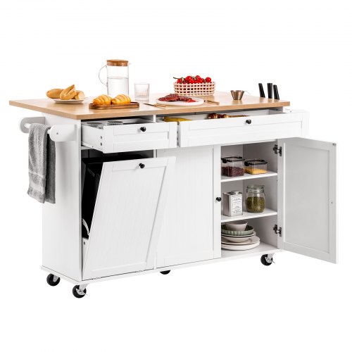 

VEVOR Kücheninselwagen 153 cm breiter mobiler Küchenwagen mit Rädern & Klappplatte & 2 Schubladen & Mülleimerschrank & Messerhalter & Gewürzregal & Handtuchhalter, Tisch für Esszimmer, Speisekammer