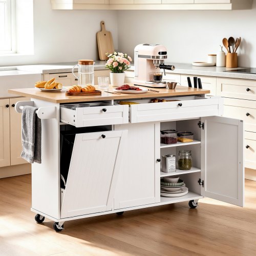 VEVOR Kücheninselwagen 153 cm breiter mobiler Küchenwagen mit Rädern & Klappplatte & 2 Schubladen & Mülleimerschrank & Messerhalter & Gewürzregal & Handtuchhalter, Tisch für Esszimmer, Speisekammer