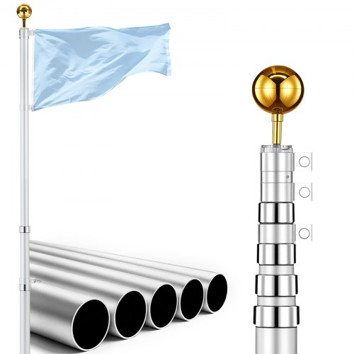 VEVOR Teleskop Fahnenmast 6 m, Flaggenmast-Set für den Außenbereich, Extra Dicke Aluminium-Fahnenstange mit PVC-Bodenhülse, Ideal für Garten, Private & Gewerbliche Nutzung, Silber