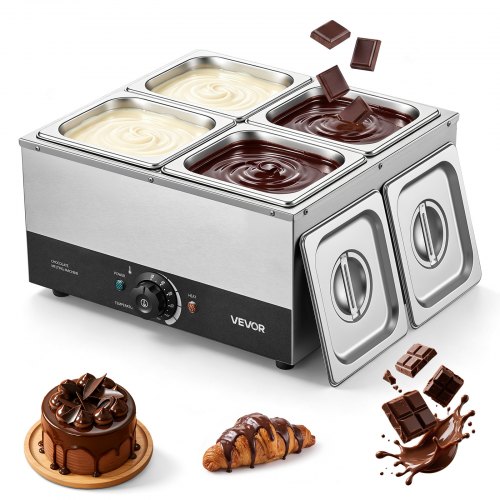 VEVOR Schokoladenschmelzmaschine 4 Abnehmbare Behälter Edelstahl 1,2 kW, für Bäckereien, Konditoreien und Restaurants, mit Temperaturregelung 30-85 ℃, Trockenlaufschutz, Schokoladentempiermaschine
