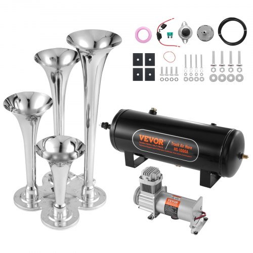 

VEVOR Zughupen-Set, 4 Trompeten-Lufthupen-Set, 150 dB Zughupen für Pickup-Trucks, 12 V 160 psi Luftkompressor, 10 L Tank mit Manometer für jedes 12 V Fahrzeug, Auto, LKW, Zug, Van, Boot usw.