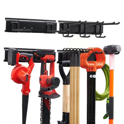 VEVOR Gerätehalter Wandhalterung Werkzeughalter 838,2 mm 181 kg Tragkraft, Zur Wandmontage, Kohlenstoffstahl, 2 Schienen & 5 Haken, Mit Schrauben & Dübeln, Werkzeugorganizer für Garage Keller Garten