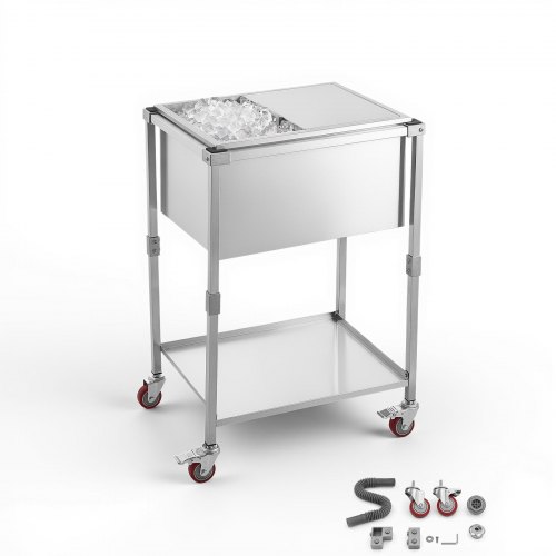 VEVOR 42,4 L Edelstahl-Kühlwagen mit Schiebedeckel und Rollen für Getränke, Getränkewagen mit Ablage, Getränkekühler auf Rollen, 660 x 505 x 985 mm, für Terrasse, Gartenpartys und Bars