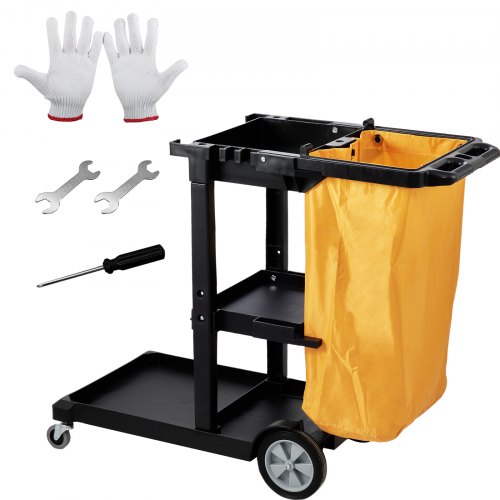 VEVOR Reinigungswagen Putzwagen mit 3 Fächern, Hygienewagen Reinigungswagen 90,7 kg Tragfähigkeit, Schwarz PP Wischwagen Systemwagen inkl. PVC-Müllsack & Handschuhe, geeignet für Büros, Malls, Hotels
