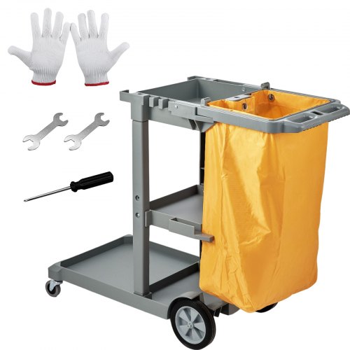 VEVOR Reinigungswagen Putzwagen mit 3 Fächern, Hygienewagen Reinigungswagen 90,7 kg Tragfähigkeit, Grau PP Wischwagen Systemwagen mit PVC-Müllsack, Geeignet für Büros, Einkaufszentren, Hotels
