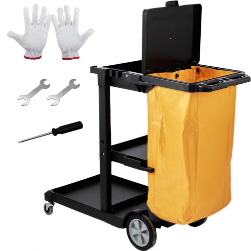 VEVOR Reinigungswagen Putzwagen mit 3 Fächern, Hygienewagen Reinigungswagen 90,7 kg Tragfähigkeit, Schwarz PP Wischwagen Systemwagen mit PVC-Müllsack, Geeignet für Büros, Einkaufszentren, Hotels