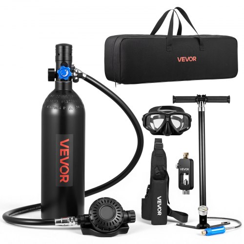 VEVOR Mini-Tauchflasche 1 L, Tragbare Lungenflasche für Unterwasseratmung, Wiederverwendbare Sauerstoffflasche für bis zu 20 Minuten Tauchzeit, Tauchausrüstung mit Adapter & Schnorchelbrille