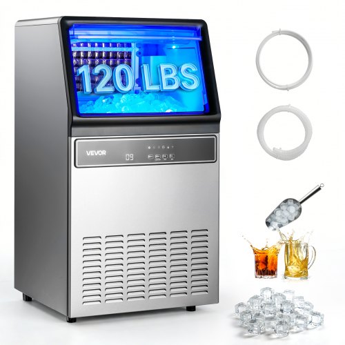 VEVOR Kommerzielle Eismaschine Eiswürfelmaschine 59 kg/Tag mit 15 kg Speicher, Freistehender und unter der Theke Stehender Eiswürfelbereiter aus Edelstahl mit LED-Anzeige & Selbstreinigung