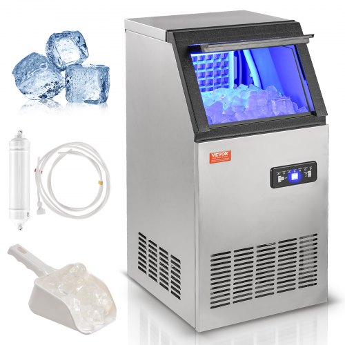 VEVOR Kommerzieller Eiswürfelbereiter Eismaschine 45 kg / 24 h, Leichte Würfeleismaschine 12,5 kg Eisspeicherkapazität 45 Stk. Eiswürfel, Edelstahl Eiswürfelbereiter inkl. Wasserfilter & Eisschaufel