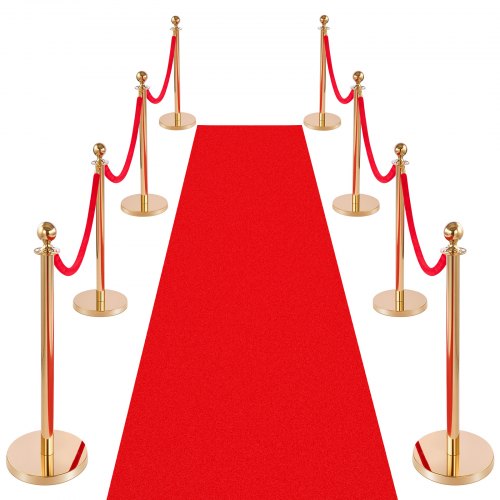 VEVOR Absperrpfosten 8-teilig, Personenleitsystem Set mit Rotem Teppich (10 m) & 6 Roten Samtseilen (1,5 m), Absperrständer mit Nachfüllbarem Sockel für Konzerte Ausstellungen Hotels Kinos (Golden)