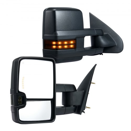 VEVOR Abschleppspiegel, linkes und rechtes Paarset für Chevrolet Silverado (2003-2007)/GMC/Cadillac, elektrisch beheizt mit Blinklicht und LED-Fahrlicht, manuell ausziehbar und zusammenklappbar, mit Heizung und Abtaufunktion, schwarz