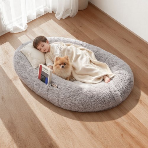 

VEVOR Hundebett für Menschen & Hunde, 132x86x24 cm, Memory-Schaum-Hundebett in Menschengröße, mit Seitentasche, Griff & Reißverschluss, abnehmbarer, maschinenwaschbarer Bezug, Langplüsch, Grau