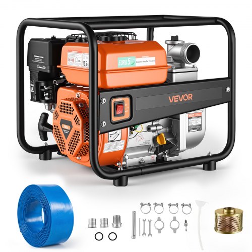 VEVOR Wasserpumpe Benzin 158 GPM, 2 Zoll Schmutzwasserpumpe 7 PS Motorpumpe Tragbar mit 7,62 m Förderschlauch & Gusseisenlaufrad Wasserförderpumpe für Bewässerung Entwässerung Baustellen Teiche