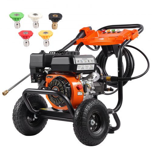 VEVOR Benzin-Hochdruckreiniger, 3500 PSI 10 L/min, 2,6 GPM Terrassenreinger mit Aluminiumpumpe, Hochdruckpistole & Verlängerungsstab, 5-Düsen-Set, für Autos, Zäune, Häuser, Einfahrten, Terrassen