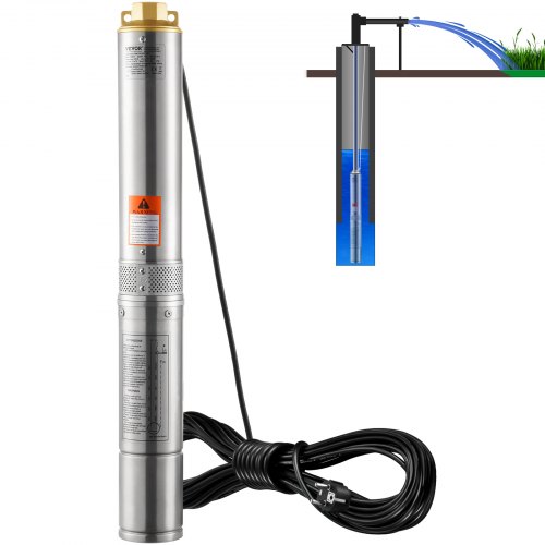 

VEVOR Tiefbrunnen-Tauchpumpe, 370 W, 230 V, 50 Hz, 5,3 m³/h max. Durchfluss, 50 m max. Förderhöhe, mit 9,1 m Stromkabel, Edelstahl-Wasserpumpen für industrielle Bewässerung und den Heimgebrauch, IP68-Wasserschutzklasse