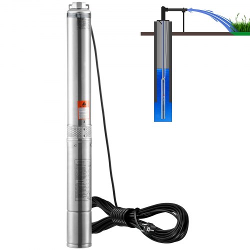 VEVOR Tiefbrunnen-Tauchpumpe, 750 W, 230 V, 60 Hz, 7,1 m³/h max. Durchfluss, 75 m max. Förderhöhe, mit 9,1 m Stromkabel, Edelstahl-Wasserpumpe für Industrie, Bewässerung und Heimgebrauch, IP68-Wasserschutzklasse