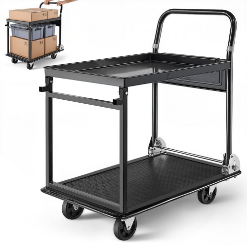 VEVOR Tischwagen Klappbar 317 kg, Plattformwagen mit PU-Rädern, Werkzeugwagen, Werkstattwagen, Materialwagen, Transportwagen mit 2 Etagen, für Lager, Garage, Werkstatt, Büro, 730x470x820 mm