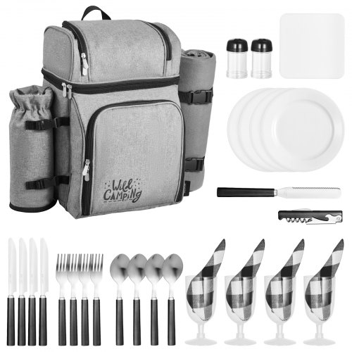 VEVOR Picknickrucksack Picknicktasche Outdoor (25 L) für 4 Personen mit isoliertem & Kühlfach & abnehmbarem Flaschen-/Weinhalter, leichter Decke, Teller- und Besteckset zum Wandern Camping, Grau