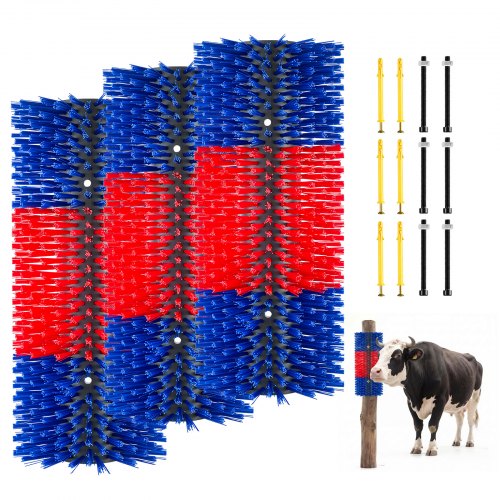 VEVOR Kratzbürste 43x19 cm, Viehbürste 3 Stk. inkl. 12 Schrauben, Rinderkratzer zur Linderung von Rückenjucken, Massage-& Pflege-Kratzwerkzeug für Pferde, Rinder, Schafe & Schweine, Blau&Rot