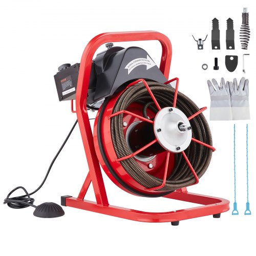 VEVOR Rohrreinigungsmaschine 50 FT x 1/2 Zoll, Kanalisationsspirale mit manueller Zuführung, 250 W elektrische Rohrreinigungsmaschine mit 4 Schneidern und luftaktiviertem Fußschalter für 2" bis 4" Rohre