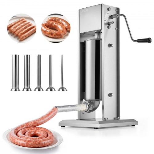 

VEVOR manueller Wurstfüller 5 L vertikale Wurstfüllmaschine Fleischfüller mit 2 Geschwindigkeiten (schnell / langsam), Hochleistungsfüller aus Edelstahl mit 5 Wurstfüllrohren, Fleischfüllen