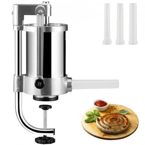 VEVOR Manueller Wurstfüller Wurstfüllmaschine 1,5 L, Edelstahl + Aluminium Professionelle Silberne Wurstmaschine inkl. 16  / 19  / 22 mm Füllrohre, Vertikale Wurstpresse mit Tischklemme Hausgemacht
