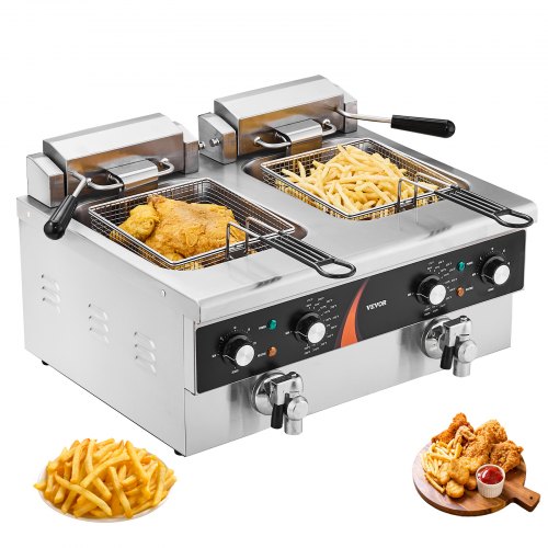 

VEVOR kommerzielle Fritteuse elektrische Aufsatzfritteuse, Doppeltank 3000 W x 2, 5,9 L Doppel-Öl-Fritteuse mit 2 Körben verdickter Edelstahl, Zeit- & Temperaturregelung, für Küche Restaurant Café