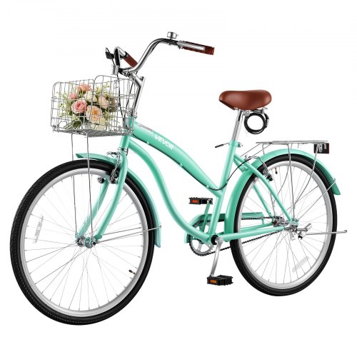 VEVOR Damenfahrrad 26 Zoll Cruiser-Fahrrad 150 kg 1-Gang Citybike Hellgrün, für Alltag und Pendeln, mit Aufrechter Sitzposition, Korb, Gepäckträger bis 50 kg, Doppel-V-Bremsen und Komplettem Zubehör