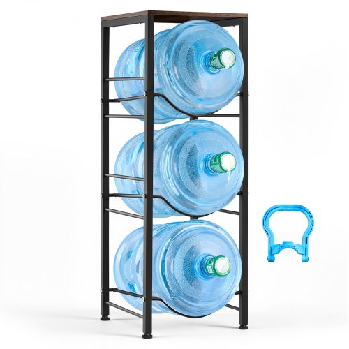 VEVOR Wasserkrughalter Metall, 4-Stufig, für 3 Wasserflaschen, Wasserkrugregal mit Ablagefach, Wasserspenderregal Wasserbehälterregal für Küche, Büro & Wohnzimmer, Schwarz & Braun