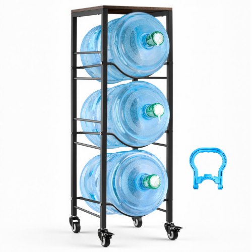 VEVOR Wasserkrughalter, 4-Stufig, für 3 Wasserflaschen, Wasserkrugregal mit Ablagefach & Rollen, Wasserspenderregal Wasserbehälterregal für Küche, Büro & Wohnzimmer, Schwarz & Braun