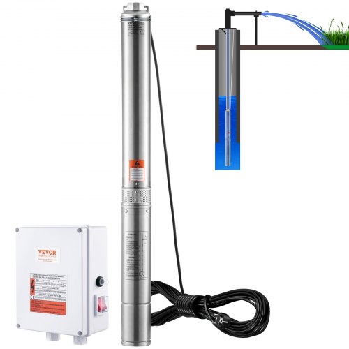 VEVOR Tiefbrunnen-Tauchpumpe, 2200 W, 230 V, 9,8 m³/h Durchfluss, 144 m Förderhöhe, mit 19,4 m Kabel und externer Steuerbox, Edelstahl-Wasserpumpen für industrielle Bewässerung und den Heimgebrauch, IP68 wasserdicht