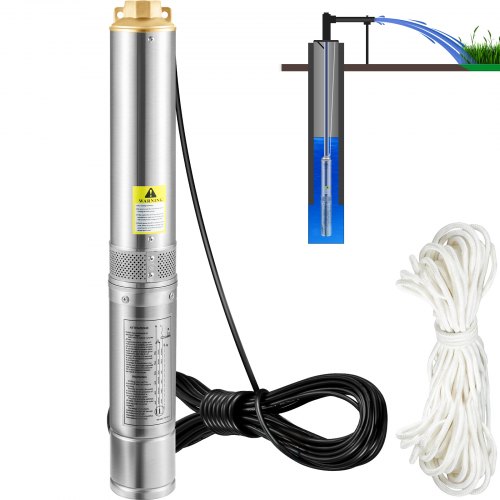 

VEVOR 3" Tiefbrunnenpumpe 750W Brunnenpumpe 100L/min Tauchpumpe max. Förderhöhe 66m Rohrpumpe 230V 50Hz Sandpumpe IP68 Wasserpumpe 16 Laufradstufen Pumpe Ideal zur Bewässerung oder Wasser-Versorgung