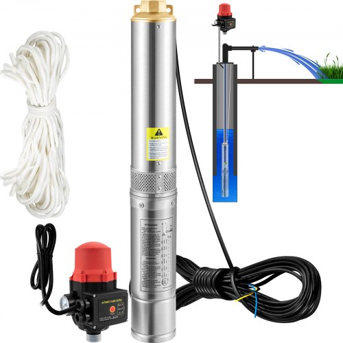 

VEVOR 3,5" Tiefbrunnenpumpe 750W Brunnenpumpe 105L/min Tauchpumpe max. Förderhöhe 62m Rohrpumpe 230V 50Hz Sandpumpe IP68 Wasserpumpe 11 Laufradstufen Pumpe Ideal zur Bewässerung oder Wasser-Versorgung