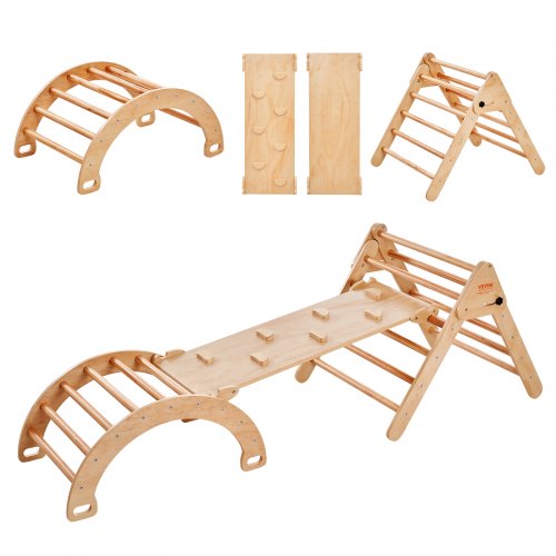 

VEVOR Pikler-Dreieck-Set, 5-in-1-Kletterspielzeug für Kleinkinder, Indoor-Spielplatz, Montessori-Kletterset mit Dreieck, Rampe und Bogen, großes Klettergerüst aus Holz für Kleinkinder von 1–3 Jahren, Holzfarbe