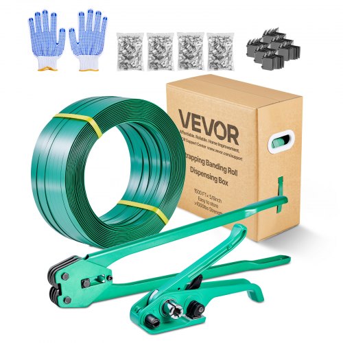 VEVOR 6 tlg Umreifungsset mit Umreifungsband, manuelle Umreifungsgerät mit 457 m PET Band, 450 Metallklammern, 150 Kantenschutzern, pefekte Werkstattausstattung für Verpackung, Transport und Lager