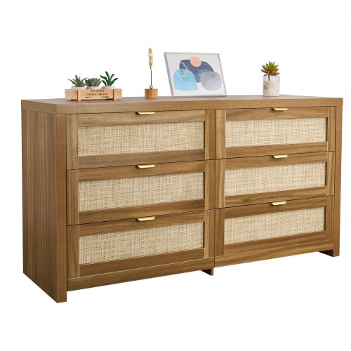 

VEVOR Rattankommode Aufbewahrungsschrank mit 6 Schubladen & Metallgriff, moderner Rattanschrank für Schlafzimmer Wohnzimmer Flur (144,5 x 45 x 79,5 cm) Kleidungsschrank Schubladenschrank Walnuss