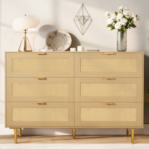 

VEVOR Rattankommode Aufbewahrungsschrank mit 6 Schubladen & Metallgriffen und -beinen, moderner Rattanschrank für Schlafzimmer Wohnzimmer Flur (120 x 39,5 x 85,4 cm) Kleidungsschrank