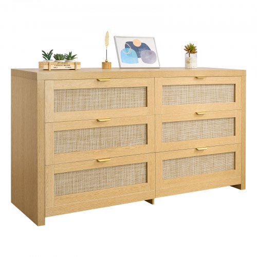

VEVOR Rattankommode Aufbewahrungsschrank mit 6 Schubladen & Metallgriffen, moderner Rattanschrank für Schlafzimmer Wohnzimmer Flur (144,5 x 45 x 79,5 cm) Kleidungsschrank Schubladenschrank
