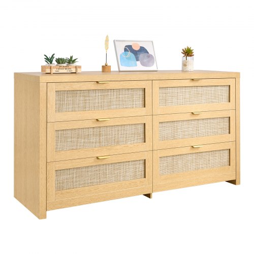 VEVOR Rattankommode Aufbewahrungsschrank mit 6 Schubladen & Metallgriffen, moderner Rattanschrank für Schlafzimmer Wohnzimmer Flur (144,5 x 45 x 79,5 cm) Kleidungsschrank Schubladenschrank