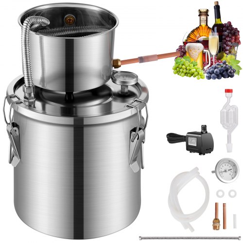 

VEVOR Alkoholdestillieranlage 11,4 L Wasseralkohol-Destillieranlage aus Edelstahl mit Spulenkühlung, Raffinations-Gärungsset mit Dual-Display-Thermometer, für Wein Whisky Brandy Silber