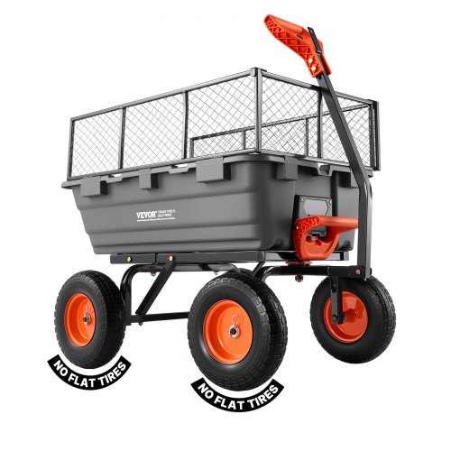 VEVOR Gartenwagen mit Kippfunktion, 544 kg Belastbarer Bollerwagen, 270° Drehbarer Transportwagen für Gartenarbeit aus Kunsttoff & Stahl mit 13 Zoll PU-Reifen & Metallzaun für Rasen, Kies & Schlamm