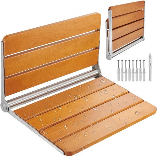 VEVOR Klappbarer Duschsitz Teak, wandmontierte hochklappbare Duschbank mit 227 kg Tragkraft, platzsparender herunterklappbarer Duschstuhl für Senioren, Schwangere, Kinder 530 x 406 x 318 mm