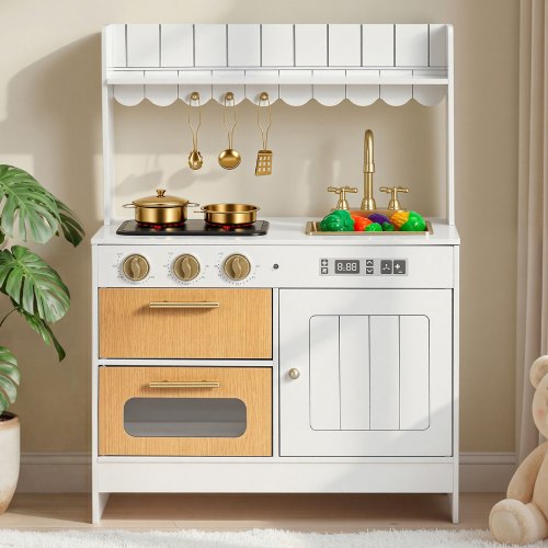 VEVOR Spielküche für Kinder, Realistische Kinderküche aus Holz mit Licht & Sound, Holzküche mit Herd Backofen Spüle Mikrowelle Schrank, Küchenspielzeug mit Kochset für Kinder von 3-8 Jahren, Beige