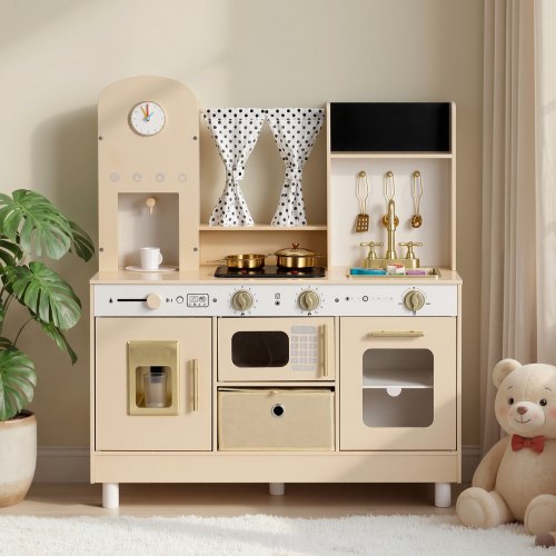 VEVOR Spielküche für Kinder, Moderne Kinderküche mit Licht & Sound, Holzküche mit Herd Backofen Spüle Mikrowelle Eisspender & Getränkespender, Küchenspielzeug mit Kochset für Kinder ab 3 Jahren, Beige