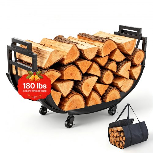 VEVOR Kaminholzregal Brennholzregal Feuerholzregal Kaminholzständer 805 mm, für Kamin & Ofen im Wohnzimmer Terrasse & Balkon, Stahlkonstruktion, Tragfähigkeit 80 kg, 4 Feststellbare Lenkrollen, Schwarz