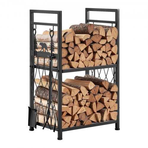 VEVOR Kaminholzregal, 455x330x765 mm, 2-stufiger Brennholzhalter mit Kaminbesteck, Bürste, Schaufel, Schürhaken, Zange, Brennholzregal, 181 kg Tragkraft, Feuerholzregal für Feuerstelle