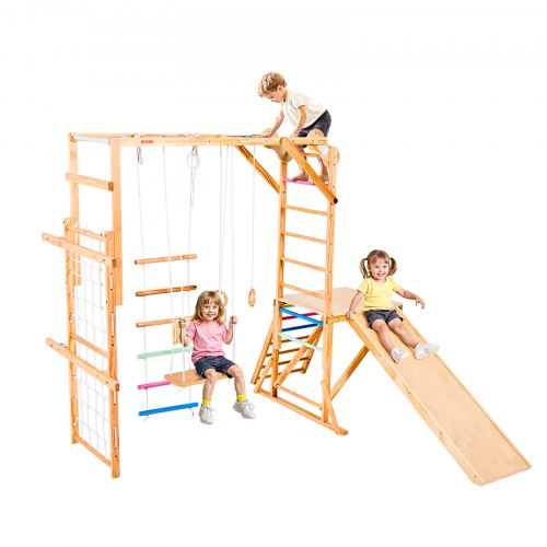 VEVOR Indoor Spielplatz Klettergerüst (8 in 1) aus Holz, 100 kg belastbares Montessori-Kletterspielzeug-Set mit Schaukeln/Klettergerüst/Rutschen/Holzleiter/Strickleiter/Kletternetz/Stange